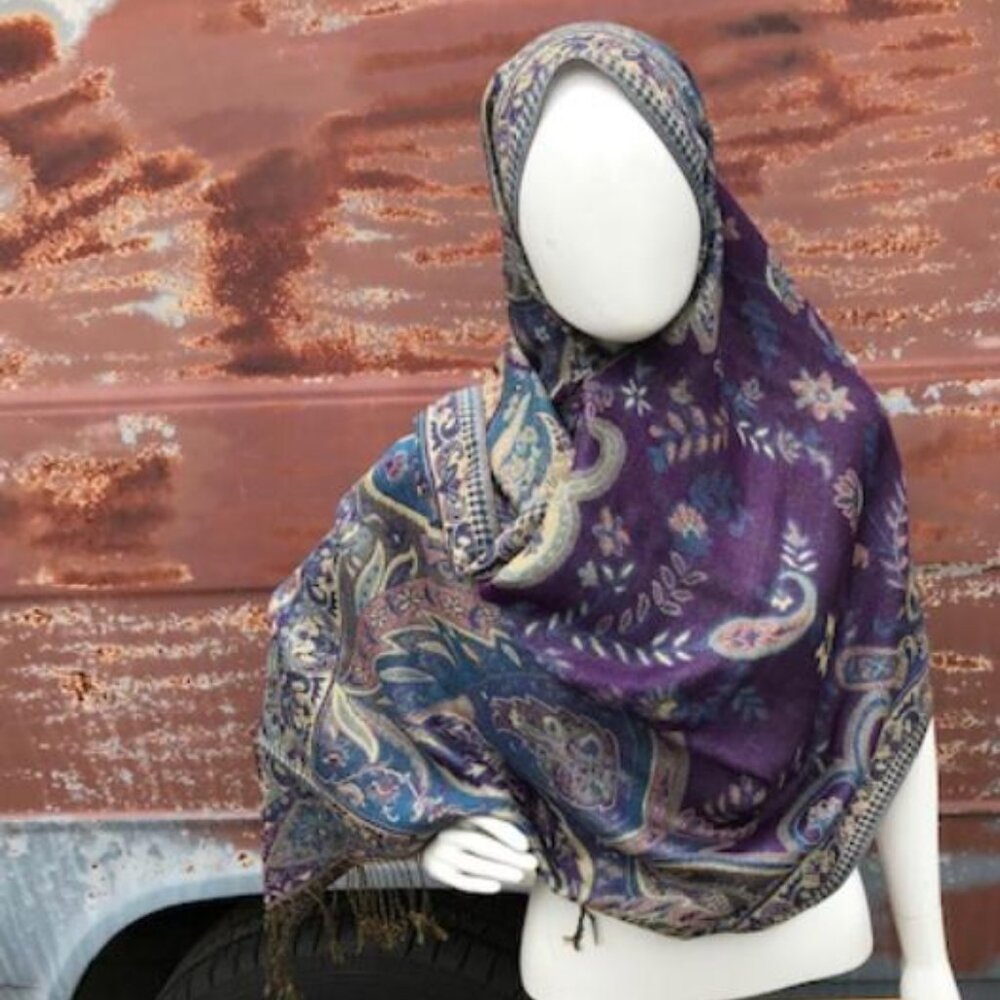 Fashion Pashmina Paisley Print Shawl Purple & Gold Shoulder Wrap Hijab
